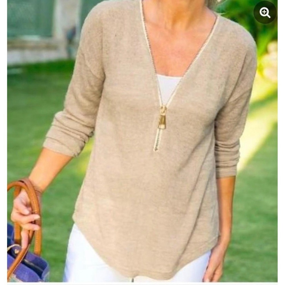 Soft Surroundings Womens Small Tan Half Zip V-Neck Knit Pullover Top Fall Casual